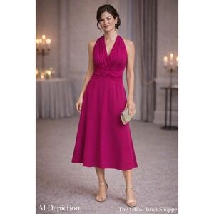 Evan-Picone Magenta Halter Dress Size 12 Ruched Waist Midi Formal